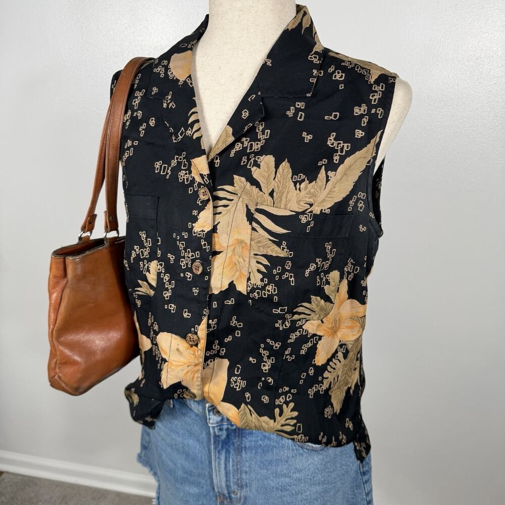 Tommy Bahama 100% Silk Sleeveless Hawaiian Shirt Women’s M Black Tropical Floral